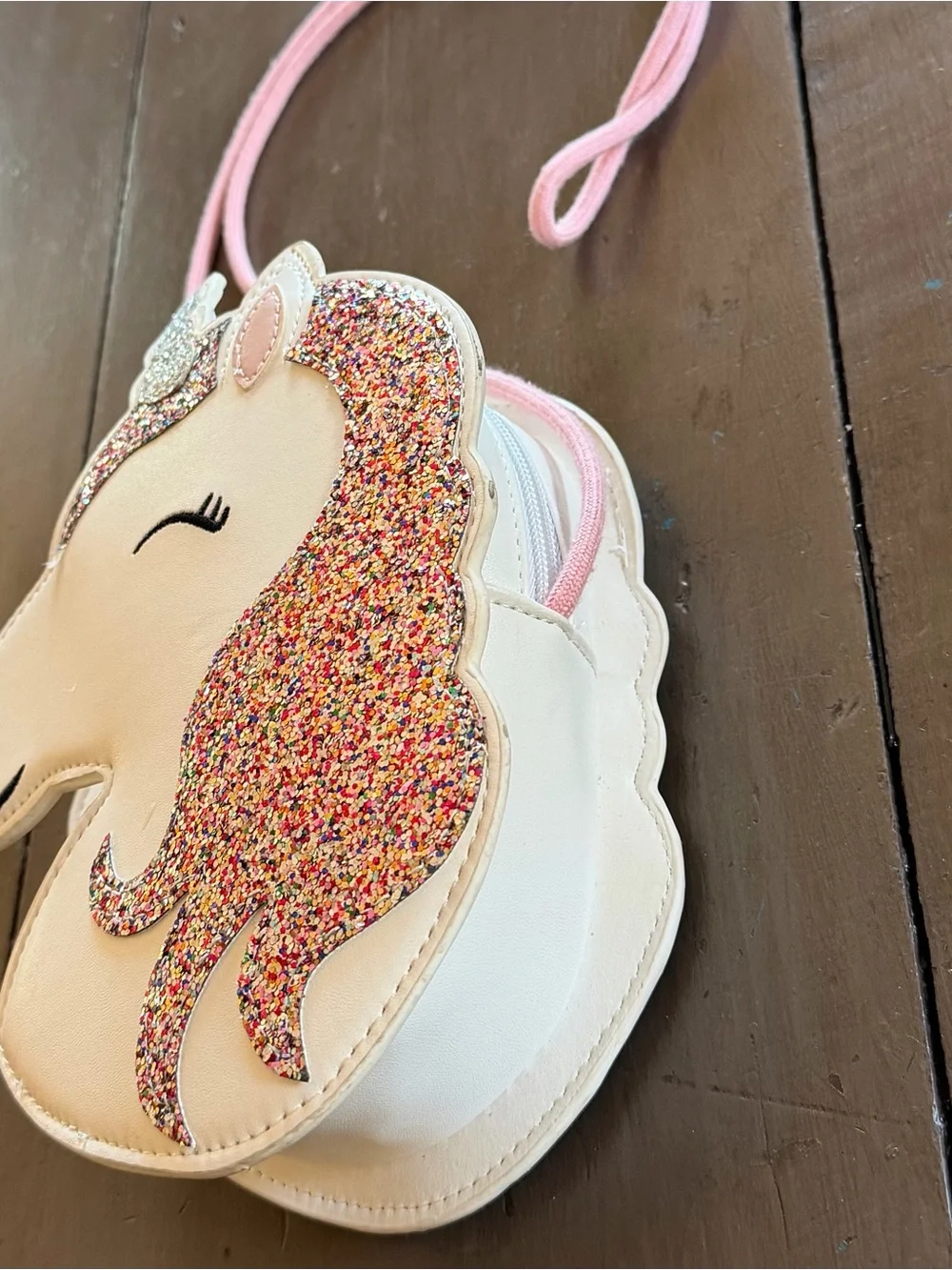 Kids White Unicorn Crossbody Bag with Pink Multicolor Glitter Mane